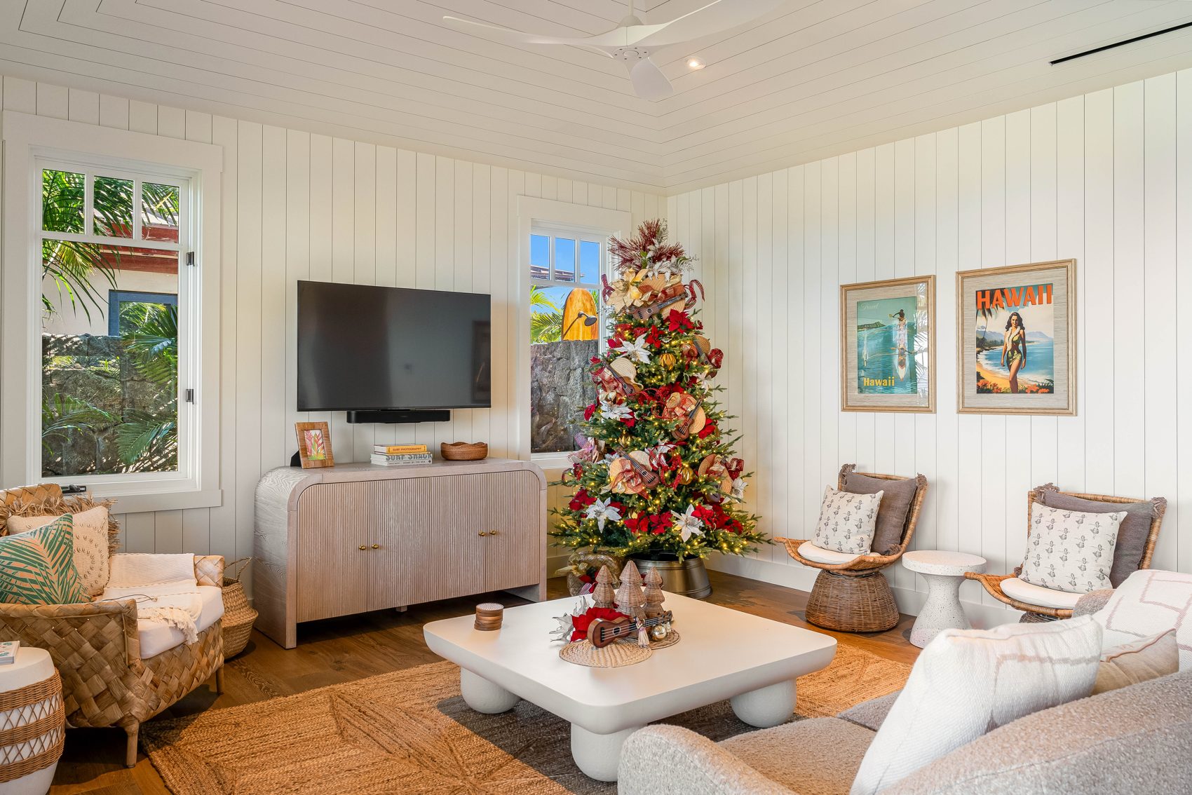 Festive Christmas tree in a welcoming island living room