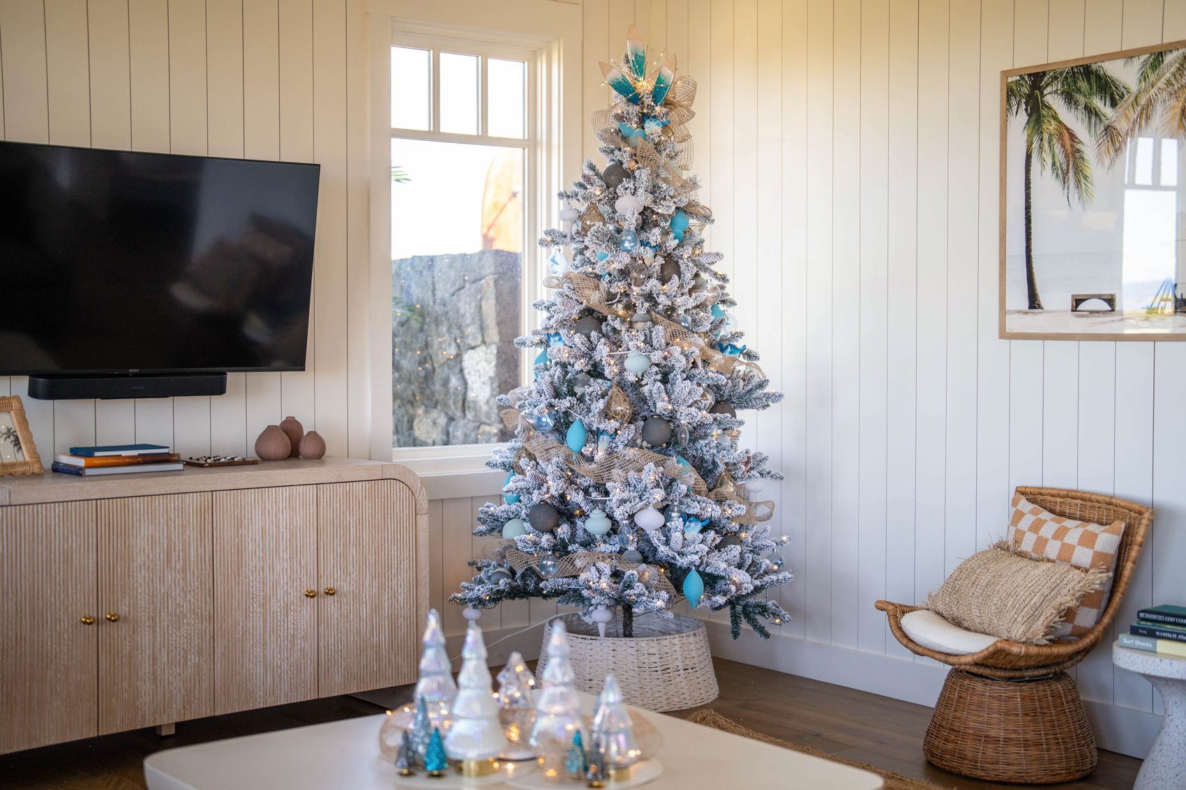 Coastal winter Christmas tree in a decorated island living space